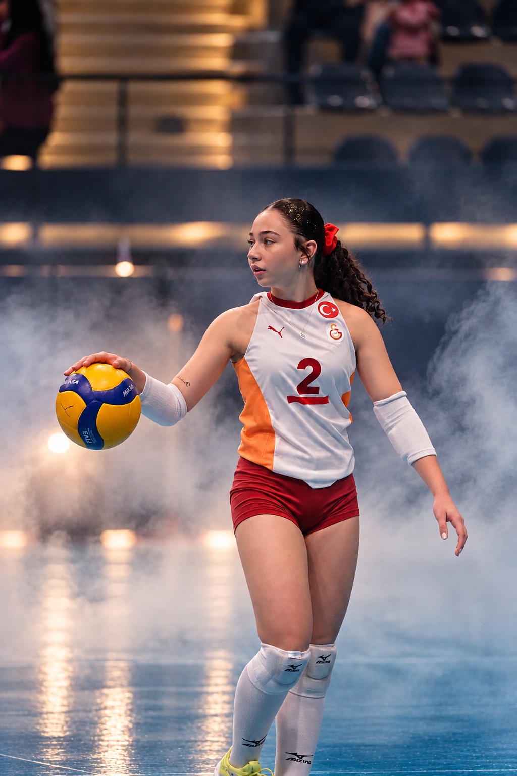Derin Su Coşkun voleybol sahasında Galatasaray formasıyla topu tutuyor